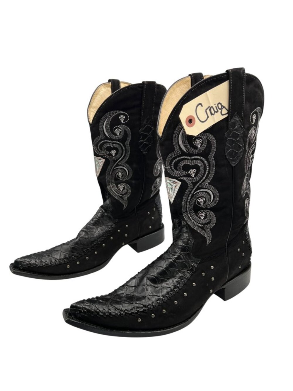 White Diamond Cowboy Boots Sz 10 Black Hollywood Prop Haus tag Craig Wardrobe